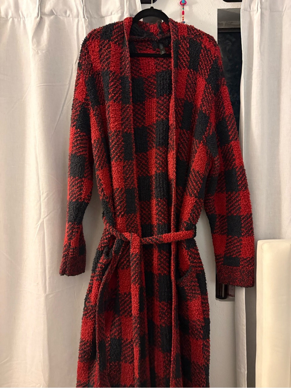 SKIMS Red and Black Plaid Plush Robe with Belt